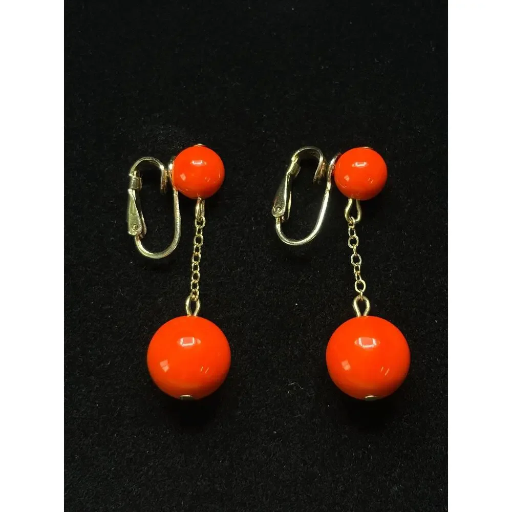 Signed Richelieu Vintage Clip-On Earrings | Coral-Tone Double Bead Drops